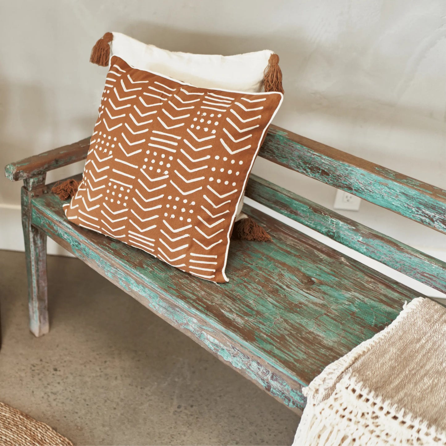 Banc d'entrée antique - patine turquoise - CRUSOË
