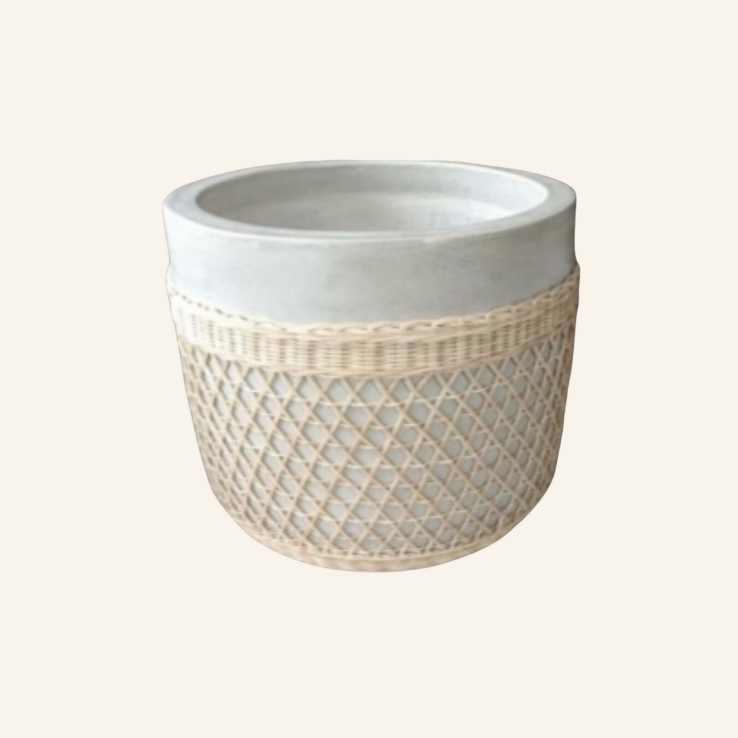 Grand pot fibrociment et rotin naturel