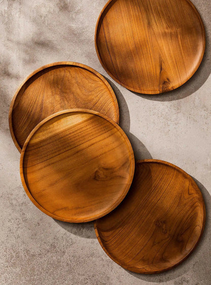 Lot de 4 assiettes rondes en bois de teck