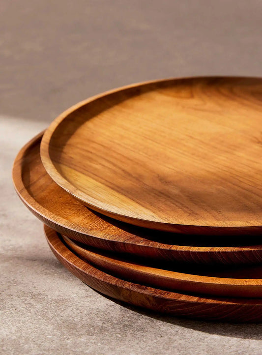 Set of 4 round teak wood plates