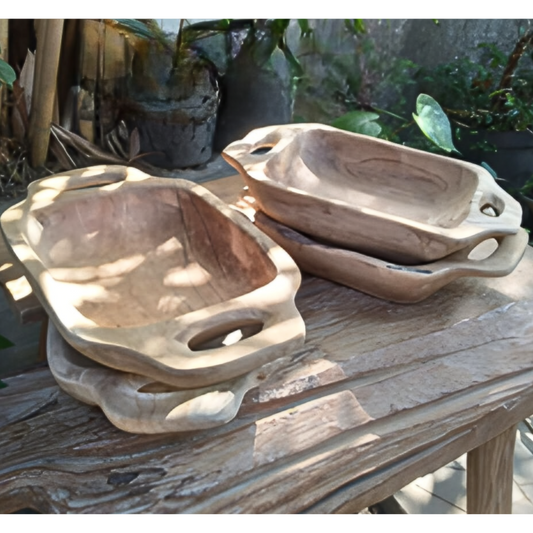 Large antique wooden bowl with handles