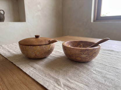 Ensemble de 2 pots a épices en teck et marbre