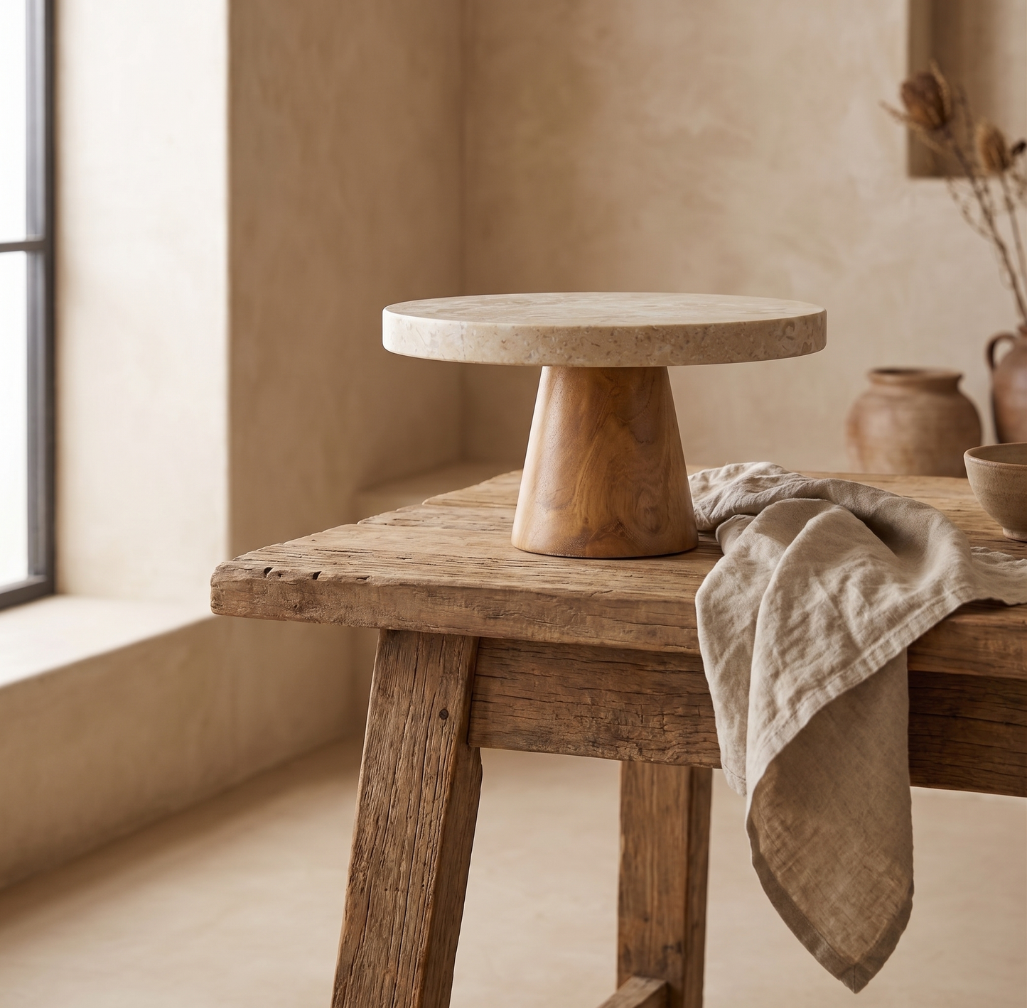 Plateau sur pied en marbre et bois de teak