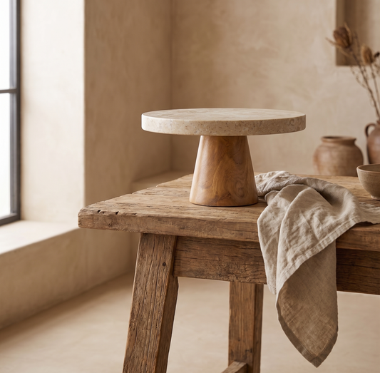 Plateau sur pied en marbre et bois de teak