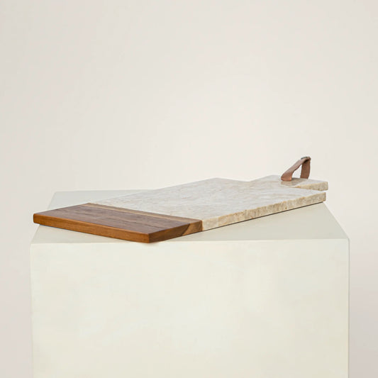 Rectangular cutting board in white marble and teak wood